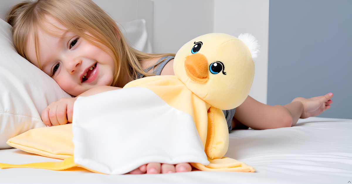 White plush Zaylee the Duck musical toy from Everything Baby, designed for soothing babies with lullabies and white noise.