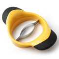 Two mango slicers and peelers with stainless steel blades and ergonomic rubber handles for easy fruit splitting and pitting.