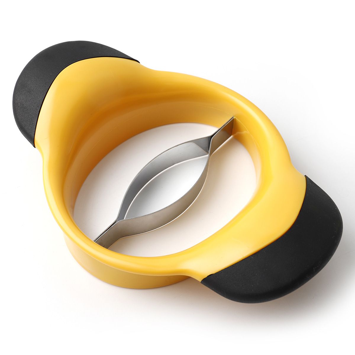 Two mango slicers and peelers with stainless steel blades and ergonomic rubber handles for easy fruit splitting and pitting.