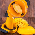 Two stainless steel mango slicer and peeler tools with ergonomic rubber handles, designed for easy splitting and pitting large mangoes.