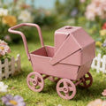 Pink mini decorative stroller carriage basket for baby and kids scene accessories, made of iron for baby and kids furniture decor.