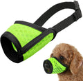 Fluorescent green breathable polyester dog muzzle with drinking hole for small dogs, soft anti-biting walking mask.