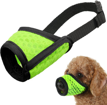 Fluorescent green breathable polyester dog muzzle with drinking hole for small dogs, soft anti-biting walking mask.