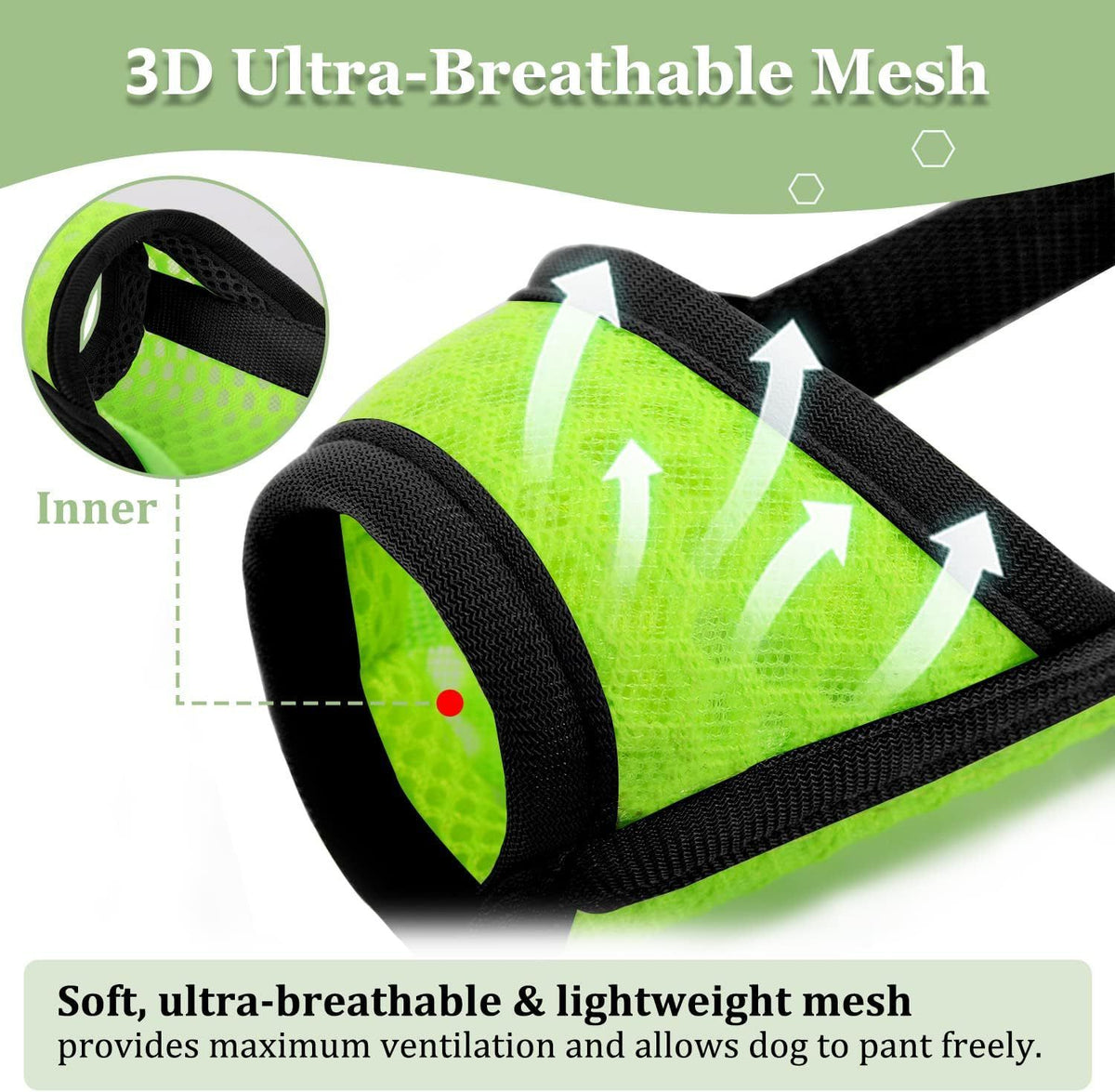 Fluorescent green dog muzzle made of breathable polyester with drinking hole, suitable for small dogs, soft and comfortable.