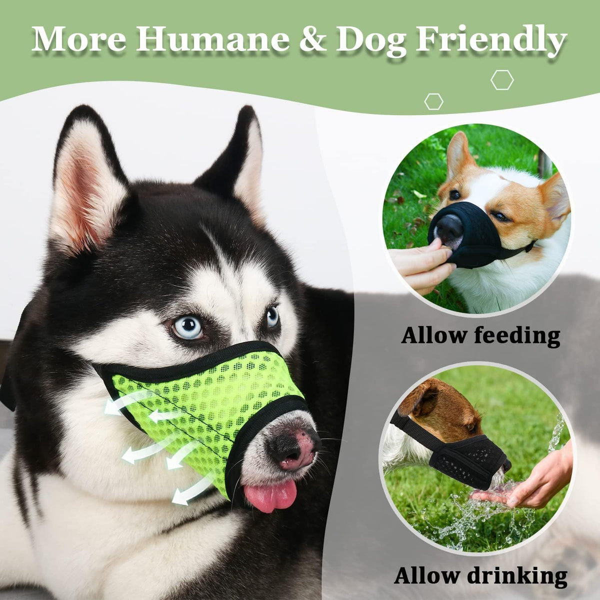 Fluorescent green breathable polyester dog muzzle for small dogs, soft anti-biting puppy walking mask with drinking hole, size L