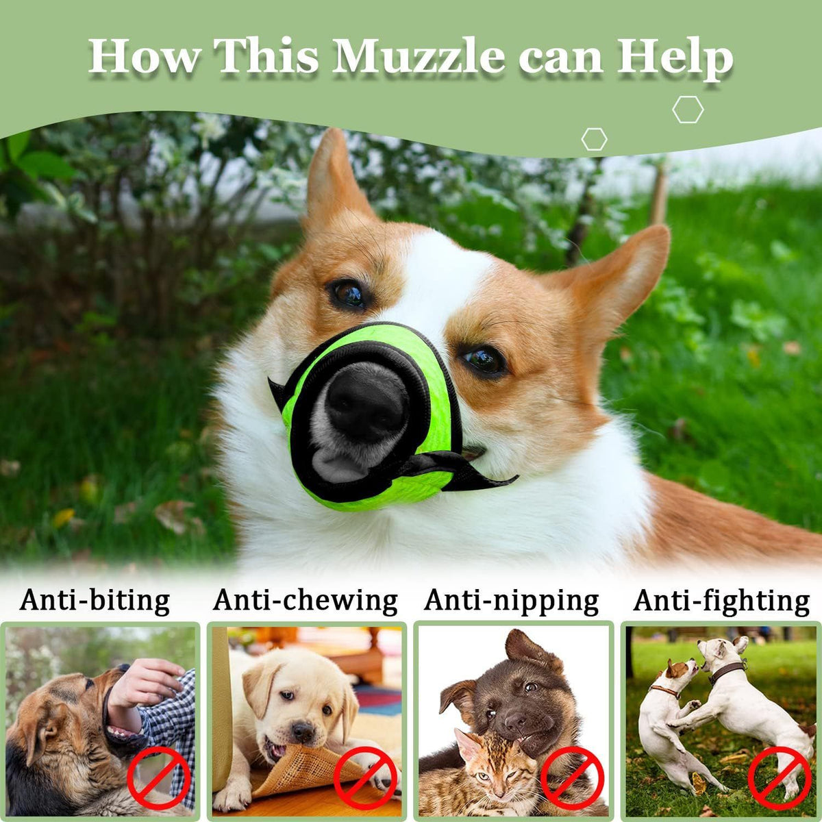 Fluorescent green breathable polyester dog muzzle with drinking hole, soft puppy walking mask for small dogs, size L.