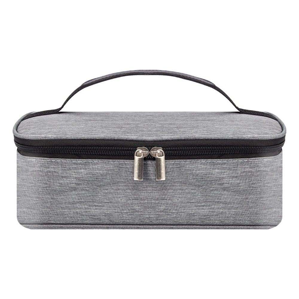 Grey insulated waterproof lunch bag with handle, portable food storage for kids, suitable for school, office, or outdoor picnics.