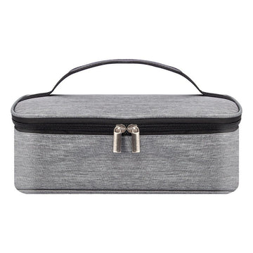 Grey insulated waterproof lunch bag with handle, portable food storage for kids, suitable for school, office, or outdoor picnics.