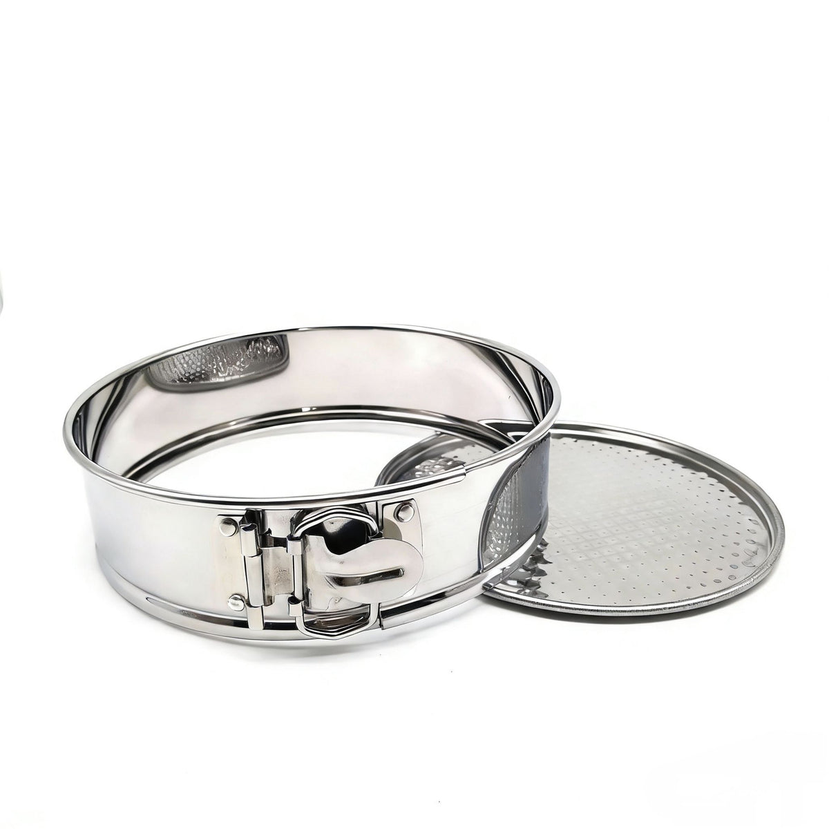 7-inch stainless steel springform cake pan with removable bottom, leakproof, nonstick, ideal for baking cheesecakes and desserts.