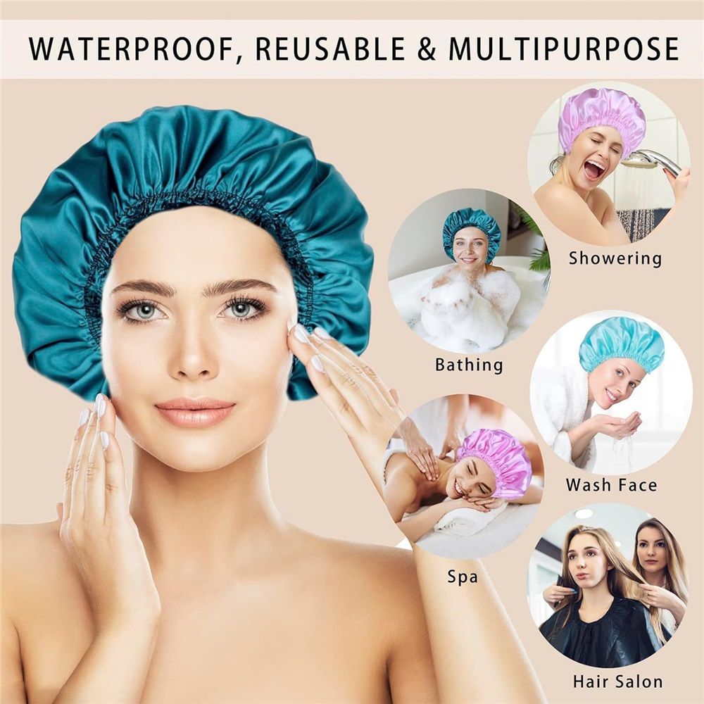 Set of four women's waterproof shower caps in peacock green, sky blue, pink, and light pink with elastic bands, suitable for long hair and braids