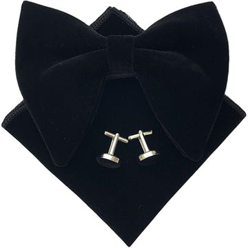 Black velvet men's pre-tied bow tie and cufflink set with pocket square, oversized tuxedo bowtie, suitable for formal occasions.