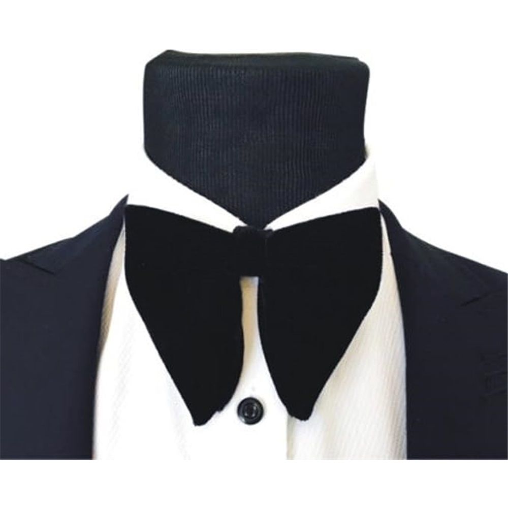 Black men's pre-tied velvet bow tie tuxedo set with cufflinks, pocket square, and oversized style for formal occasions.