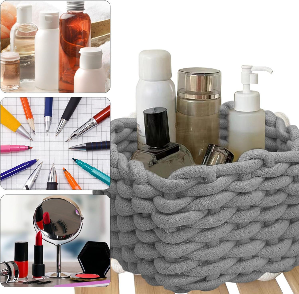 Gray cotton rope woven storage basket for baby and kids' rooms, ideal for organizing toys, books, and small items.