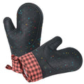 Pink silicone oven mitts with cotton lining and confetti design, heat resistant, non-slip baking mittens for cooking, set of two.