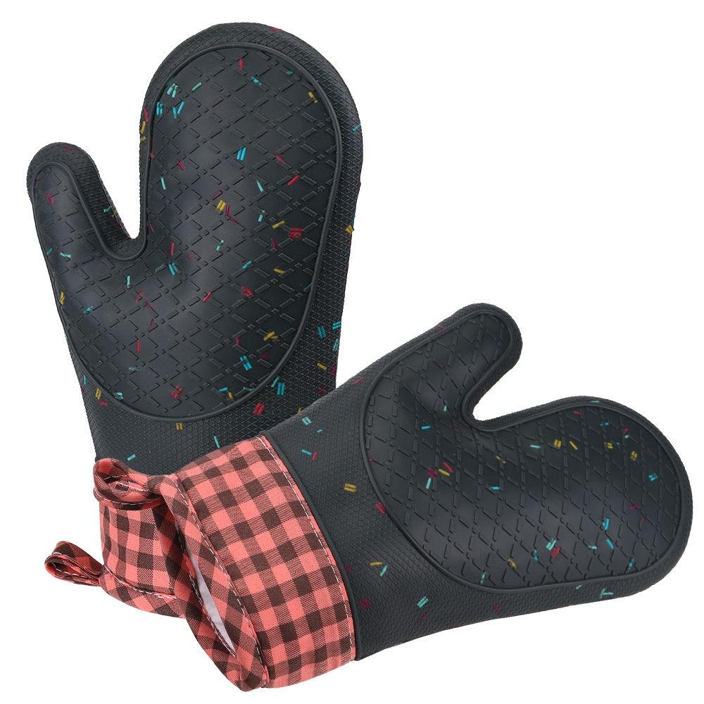 Pink silicone oven mitts with cotton lining and confetti design, heat resistant, non-slip baking mittens for cooking, set of two.