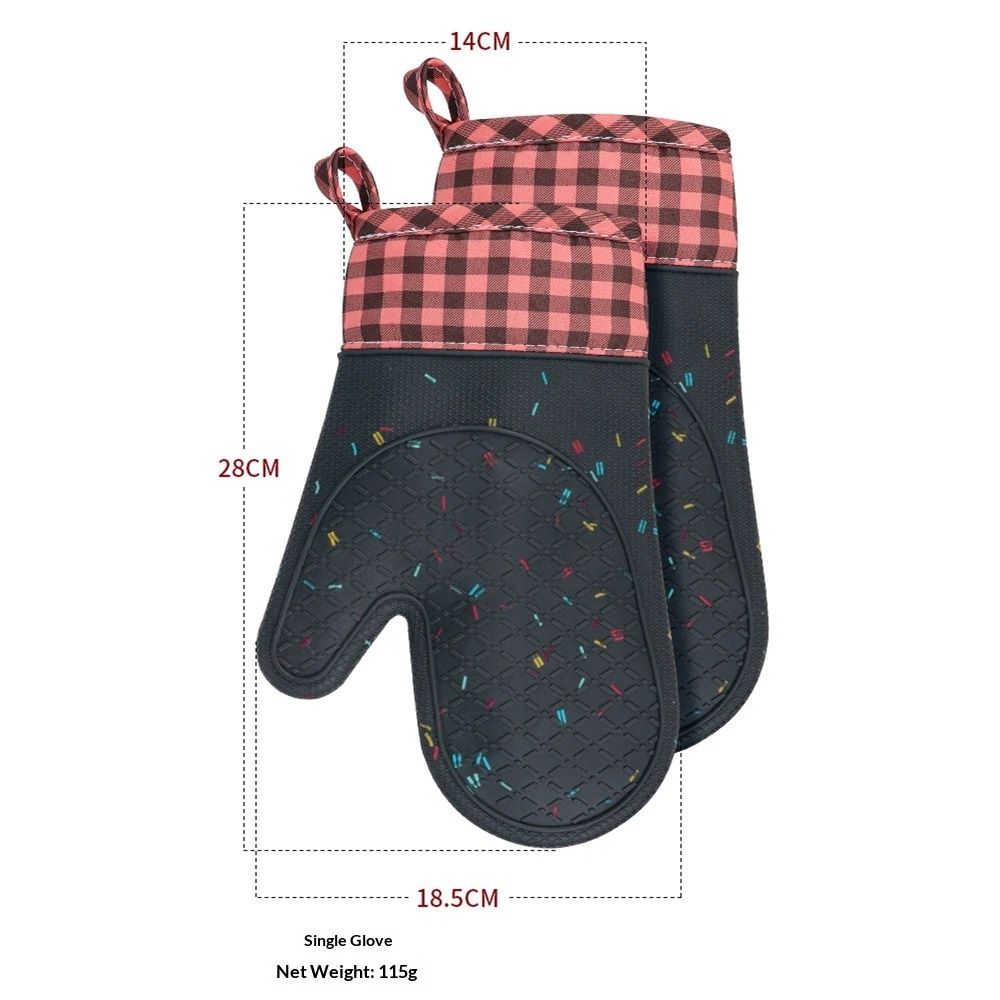 Pair of pink silicone oven mitts with cotton lining, non-slip, heat resistant, confetti design, ideal for baking and kitchen decor.