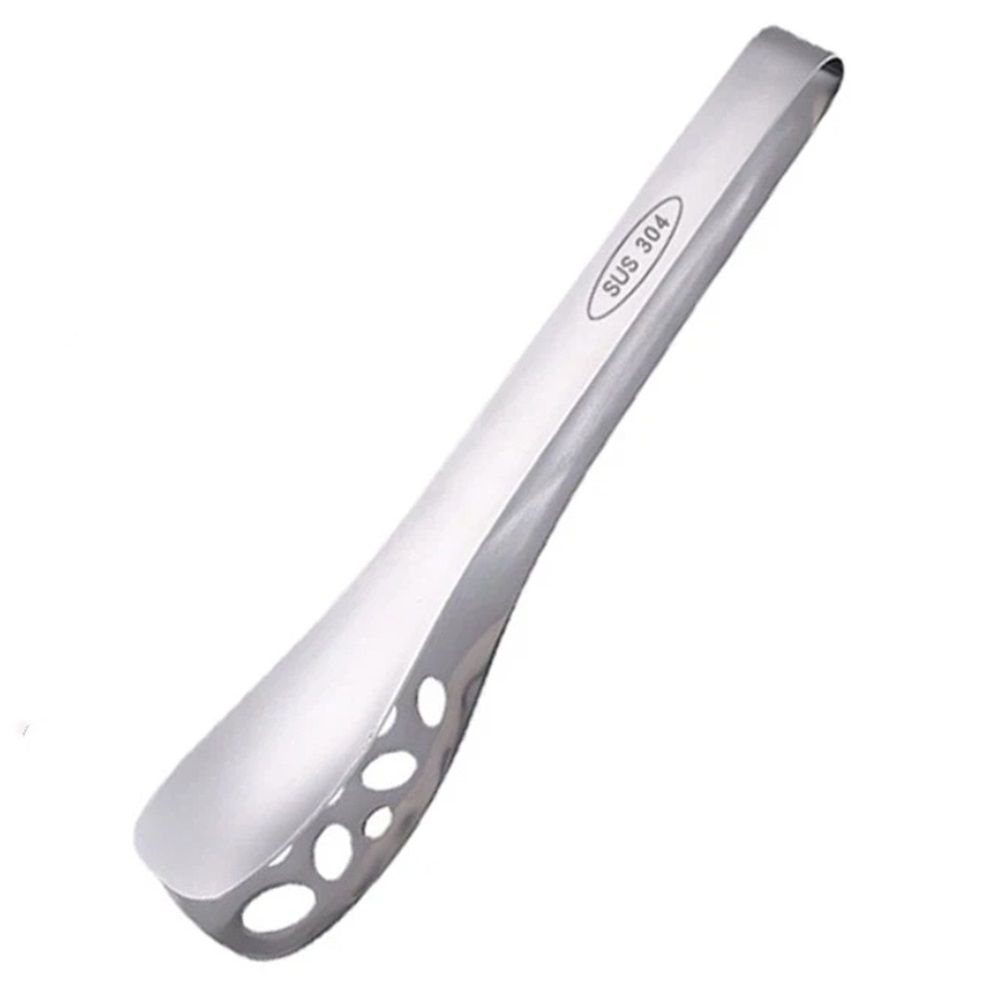 Silver 25 cm perforated serving tong with long handle, lightweight and comfortable, ideal for home, parties, and outdoor use.