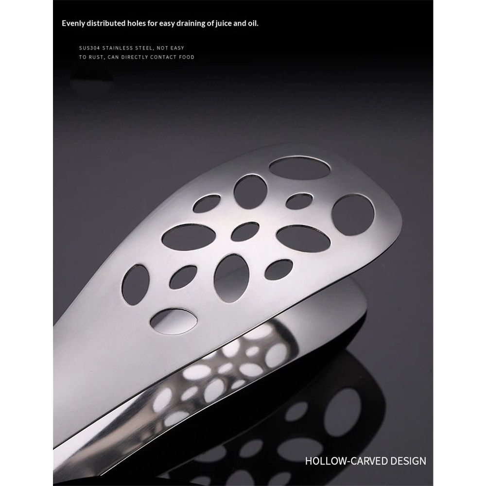 Silver 25 cm perforated serving tong with long handle, lightweight and comfortable, ideal for home parties and outdoor use.