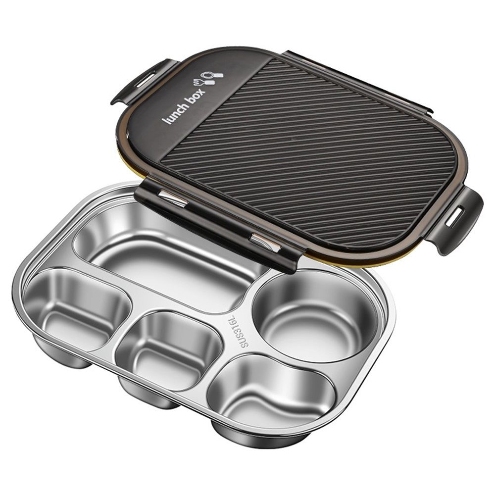 Stainless steel bento box with four compartments for kids and adults, leakproof lunch container for school, office, or outdoor use