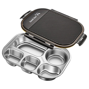 Stainless steel bento box with four compartments for kids and adults, leakproof lunch container for school, office, or outdoor use