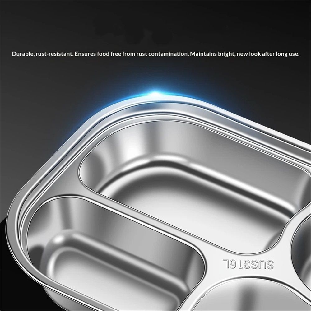 Stainless steel bento box with four compartments for kids and adults, leakproof lunch container for school, office, or outdoor use.