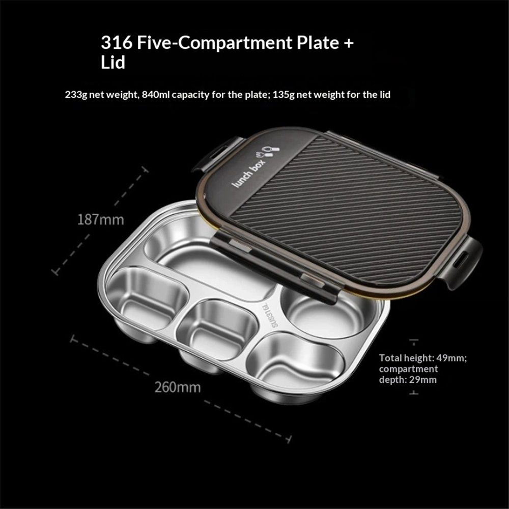 Stainless steel bento box with four compartments for kids and adults, leakproof lunch container for school, office, or outdoor use.