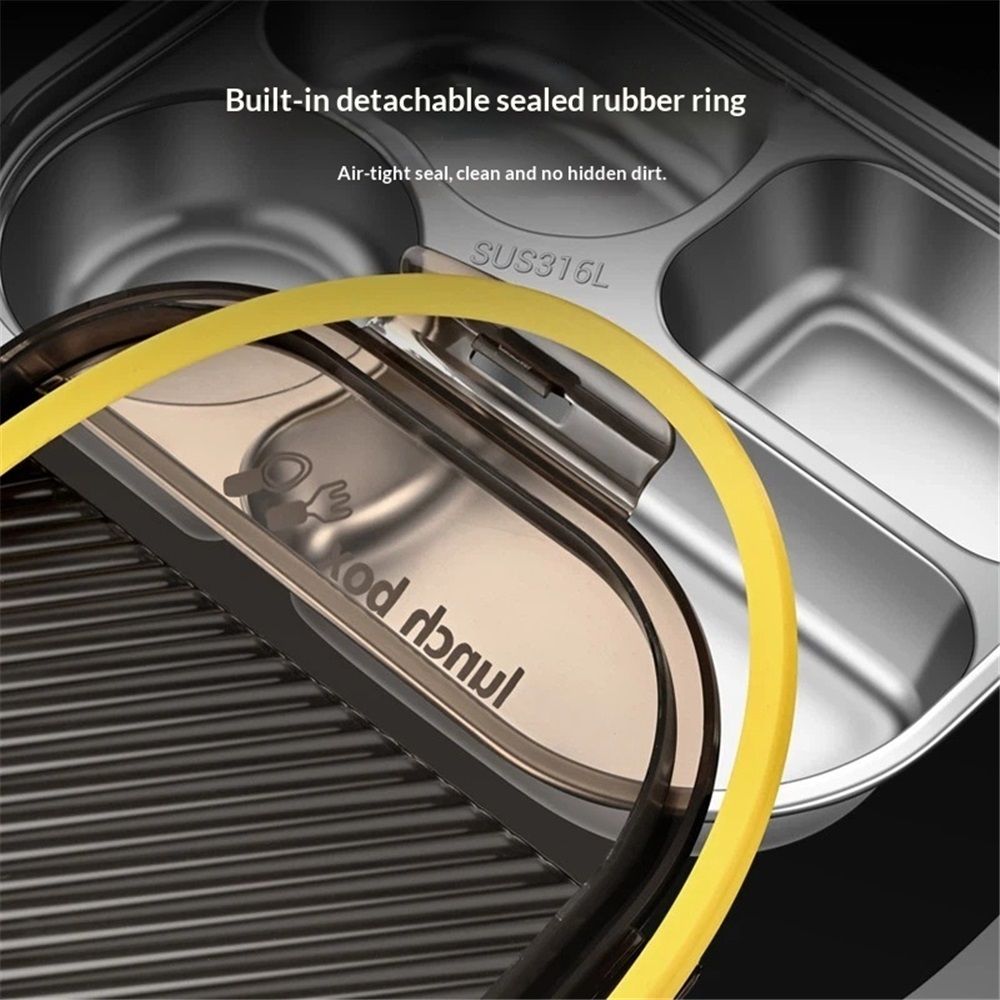 Stainless steel bento box with four compartments, leakproof lunch container for kids and adults, ideal for school and outdoor meals.
