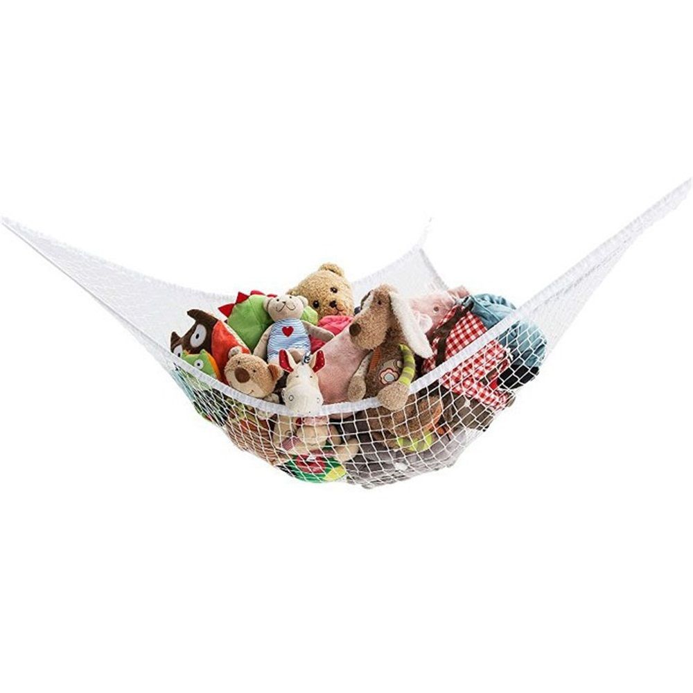 White mesh toy hammock net for kids, 70-inch wall sling storage for stuffed animals and toys in children’s playroom.
