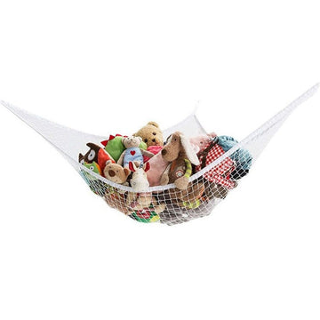 White mesh toy hammock net for kids, 70-inch wall sling storage for stuffed animals and toys in children’s playroom.