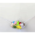 White mesh toy hammock net for kids' stuffed animals and toys, wall-mounted corner storage for children's room organization.
