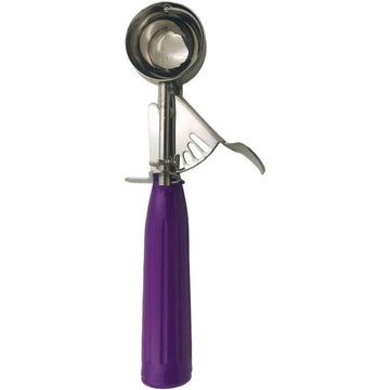 Stainless steel commercial-grade thumb press food disher and ice cream scoop with purple handle, 40mm size, ideal for serving fruits and foods.