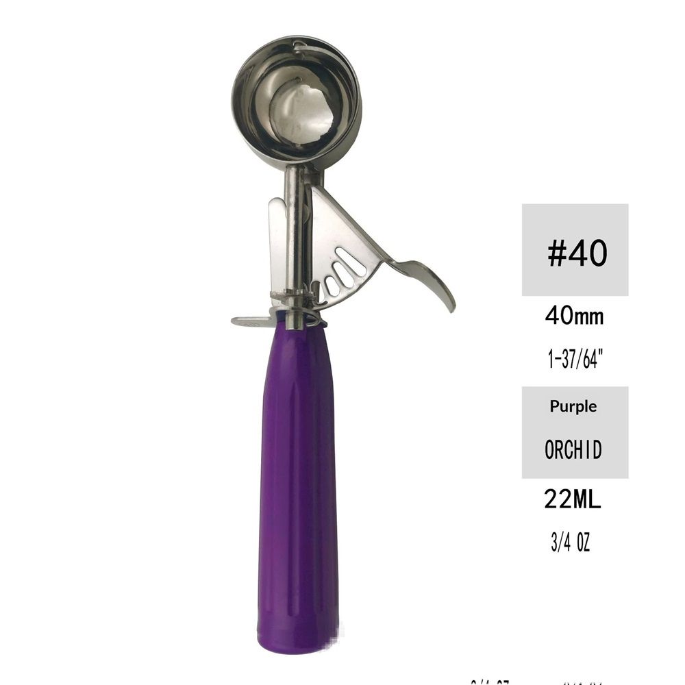 Stainless steel commercial ice cream scoop with purple handle and 40mm size, designed for precise food and fruit dishing.