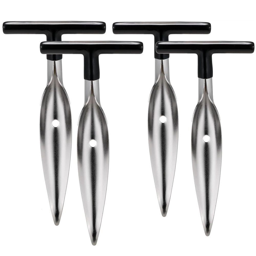 Four coconut opener tools with black handles for easy grip, safe and convenient for opening fresh green coconuts, by Everything Baby.