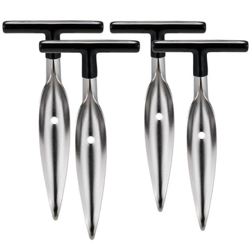 Four coconut opener tools with black handles for easy grip, safe and convenient for opening fresh green coconuts, by Everything Baby.