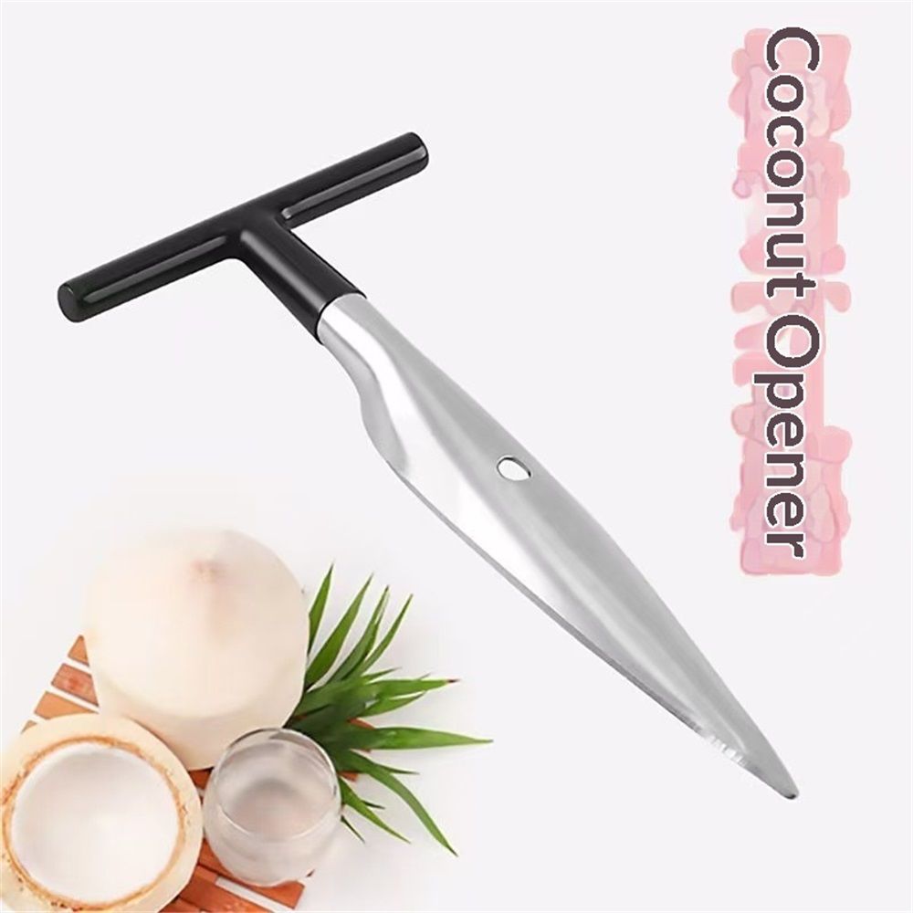 Four coconut opener tools with black handles for easy grip, safe and convenient for opening fresh green young coconuts.