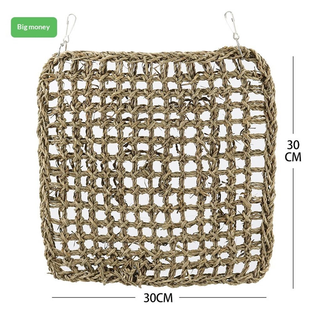 Durable bird foraging wall toy with climbing rope net for parrots, finches, and cockatiels, suitable for indoor play, 30x30cm.
