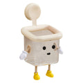 Beige square-shaped kids trash can with arms and legs, durable waste bin by Everything Baby, includes removable trash bag holder.