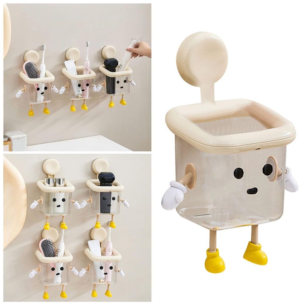 Beige square-shaped kids trash can with arms and legs, featuring a removable trash bag holder, suitable for classrooms and pediatric clinics.