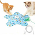 Blue rechargeable automatic cat toy with feather and squeaky sound, 3-mode touch-activated interactive toy for indoor cats and kittens.