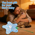 Blue rechargeable automatic cat toy with feather and squeaky sound, featuring 3 modes of touch-activated random motion for indoor cats.