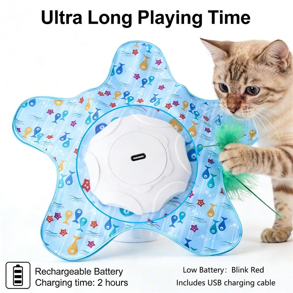 Rechargeable automatic cat toy with feather and squeaky sound, 3-mode touch-activated motion, for indoor cats and kittens in blue.