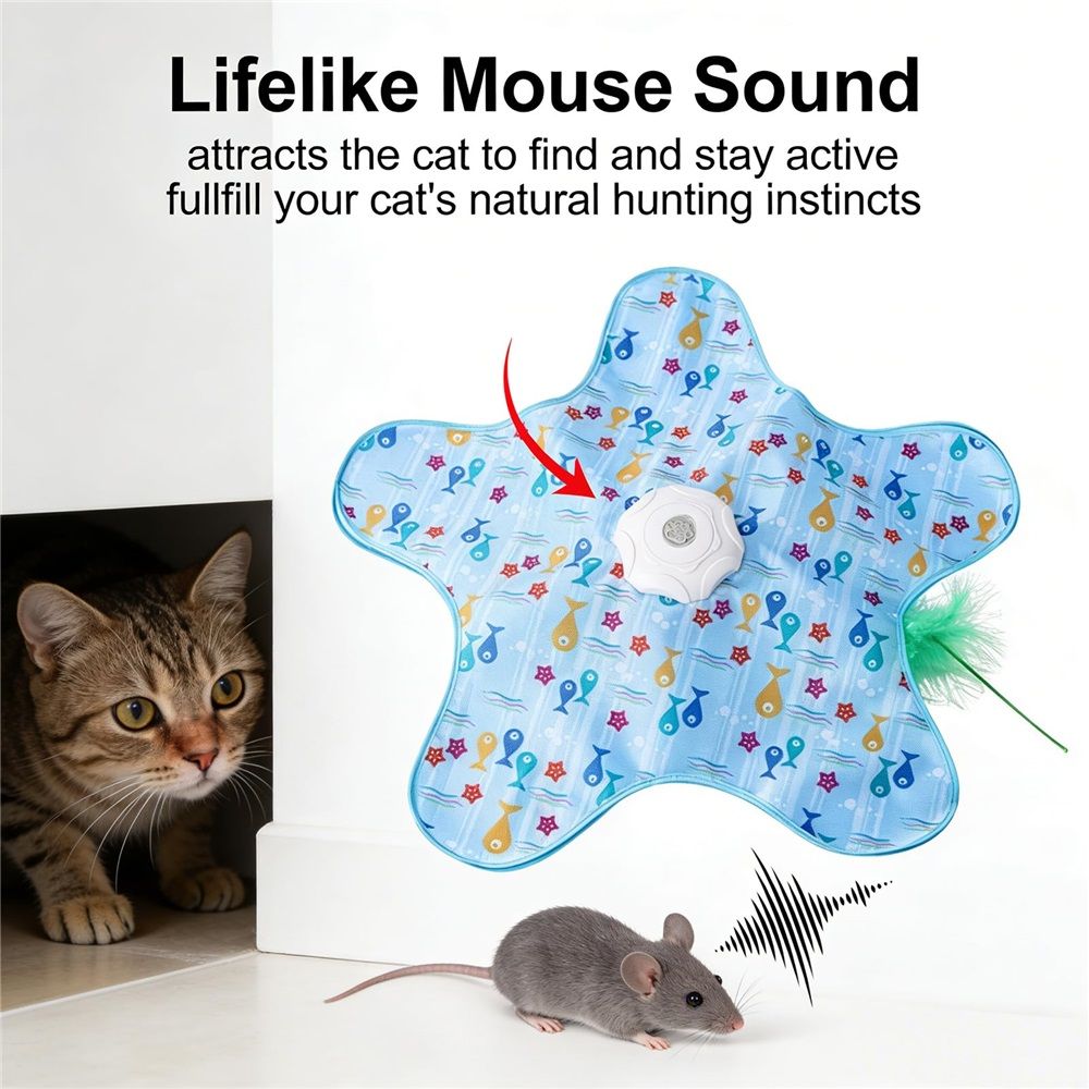 Blue rechargeable automatic cat toy with feather and squeaky sound, touch-activated, for indoor cats and kittens.