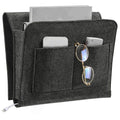 Dark gray bedside organizer for bunk beds; compact side caddy for remotes, books, tissues, and magazines in a dorm or kids' room.