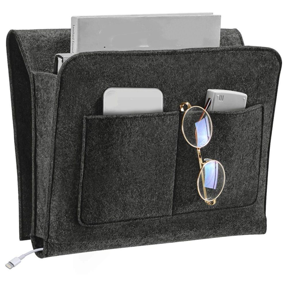 Dark gray bedside organizer for bunk beds; compact side caddy for remotes, books, tissues, and magazines in a dorm or kids' room.