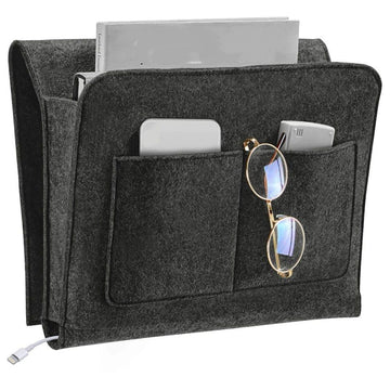 Dark gray bedside organizer for bunk beds; compact side caddy for remotes, books, tissues, and magazines in a dorm or kids' room.