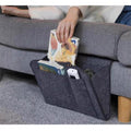 Dark gray bedside organizer for dorm and bunk beds, with compartments for remotes, books, tissues, and magazines.
