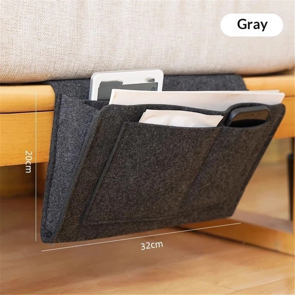 Dark gray bedside organizer for dorm or bunk beds, holds remotes, books, tissues, and magazines, compact side caddy by Everything Baby.