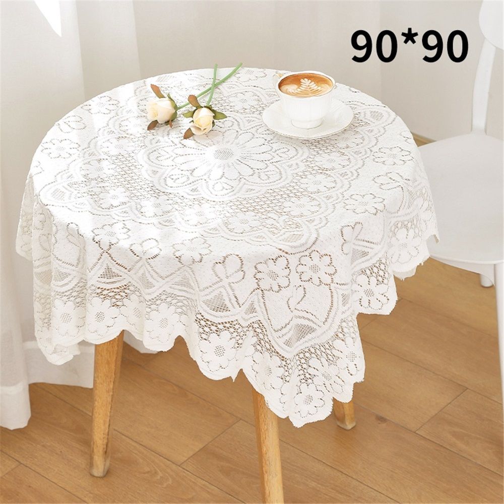 White handmade crochet lace square table runner with embroidered details, perfect for round coffee tables or dresser décor.