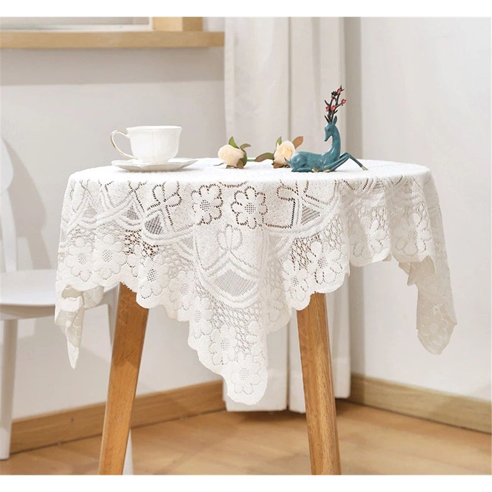 White handmade crochet lace square table runner with embroidered details, perfect for round coffee tables and dresser decor.