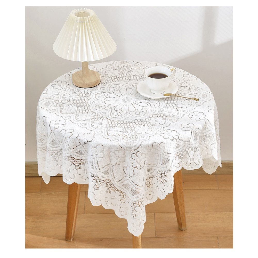White handmade crochet lace square table runner with embroidered details, designed for round coffee tables, decorative and elegant.